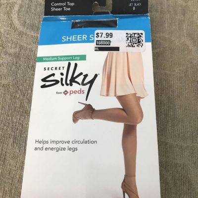 Secret Silky B Jet Black Pantyhose Control Top, Sheer Toe Medium Support Leg NWT